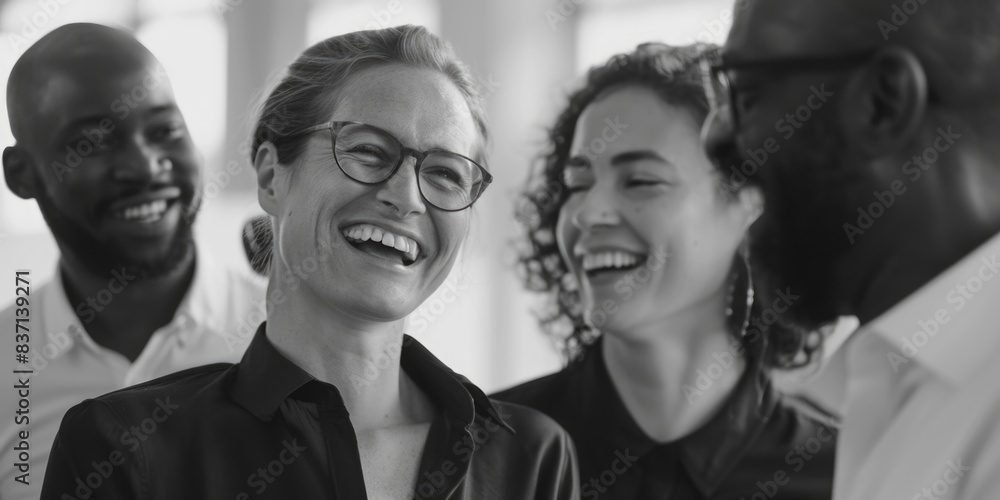 A group of people are smiling and laughing together. The woman in the center is wearing glasses and has a big smile on her face. The group appears to be happy and enjoying each other's company A group of people are smiling and laughing together. The woman in the center is wearing glasses and has a big smile on her face. The group appears to be happy and enjoying each other's company