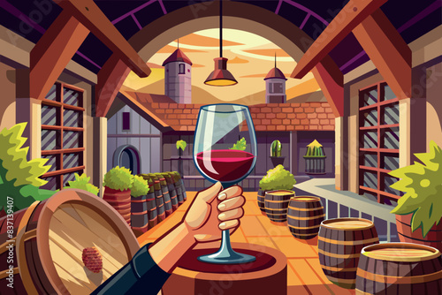 A wine glass held between the fingers. Arched doors and several barrels in a wine cellar are visible in the background.