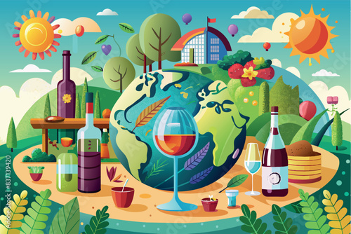 Objects and elements symbolizing various aspects of culture, cooking, travel and technology around the world.The theme alludes to global diversity and interconnectedness through various symbols of hum