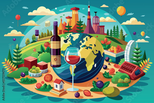 Objects and elements symbolizing various aspects of culture, cooking, travel and technology around the world.The theme alludes to global diversity and interconnectedness through various symbols of hum