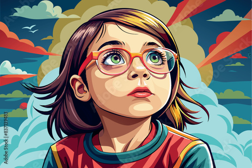 baby girl. she has dark hair with a parting on the side and wears a green blouse with a white collar and nearsighted glasses on her face