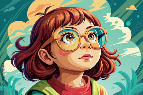 baby girl. she has dark hair with a parting on the side and wears a green blouse with a white collar and nearsighted glasses on her face