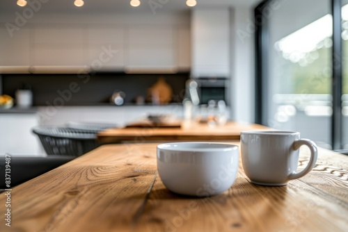 Two white coffee cups sit on a wooden table in a kitchen. The cups are empty, and the table is made of wood. The kitchen is clean and well-organized, with a few items such as a bowl, a bottle