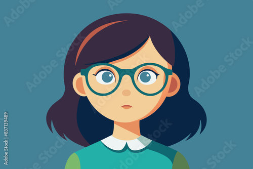 baby girl. she has dark hair with a parting on the side and wears a green blouse with a white collar and nearsighted glasses on her face