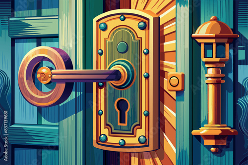 A stylized and decorated door lock mechanism. It shows a prominent key hole and an intricate handle set against a wooden door with decorative patterns.