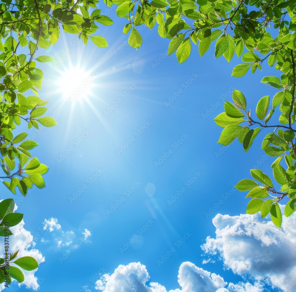 A sunburst breaks through the green canopy, offering a vivid contrast between light and shadow. A sunburst breaks through the green canopy, offering a vivid contrast between light and shadow.