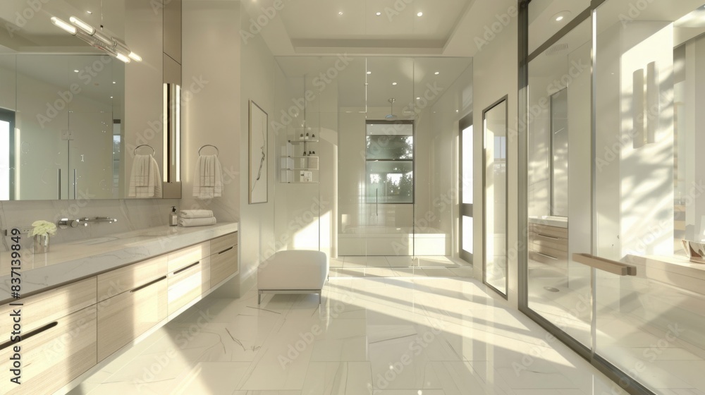 Fototapeta premium A modern, luxurious bathroom with high-end finishes, a large walk-in shower, and a sleek double vanity. The design is upscale and sophisticated. --ar 16:9 --style raw 