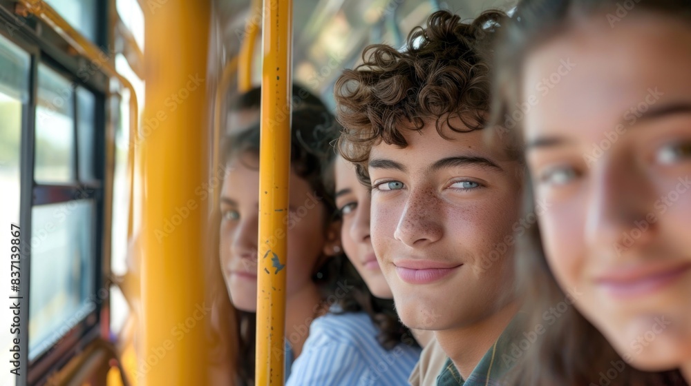 Obraz premium A group of young people are smiling and posing for a picture on a yellow bus. Scene is happy and lighthearted, as the group of friends are enjoying their time together