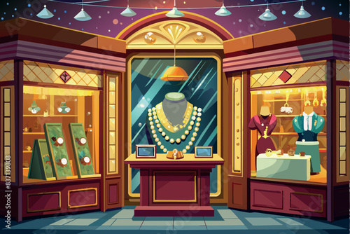 Interior of a jewelry store. A large display window can be seen in the center, displaying an exquisite necklace against a background of signature purple décor.