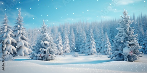 A snowy landscape with two pine trees in the foreground. The trees are covered in snow and the sky is blue. The scene is peaceful and serene, with the snow creating a sense of calmness and stillness