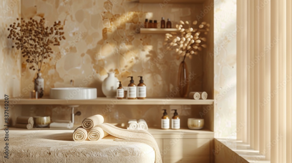 a beauty salon with a calming face massage session, beige tones a beauty salon with a calming face massage session, beige tones