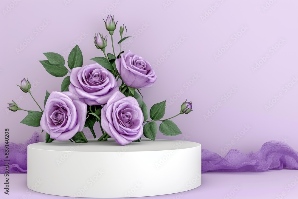 A white pedestal with a purple bouquet of roses on top. The roses are arranged in a way that they look like they are blooming, and the white pedestal adds a sense of elegance A white pedestal with a purple bouquet of roses on top. The roses are arranged in a way that they look like they are blooming, and the white pedestal adds a sense of elegance
