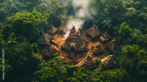 Fototapeta Naklejka Na Ścianę i Meble -  Mystical Tribal Temples Nestled in Untouched Jungle Wilderness