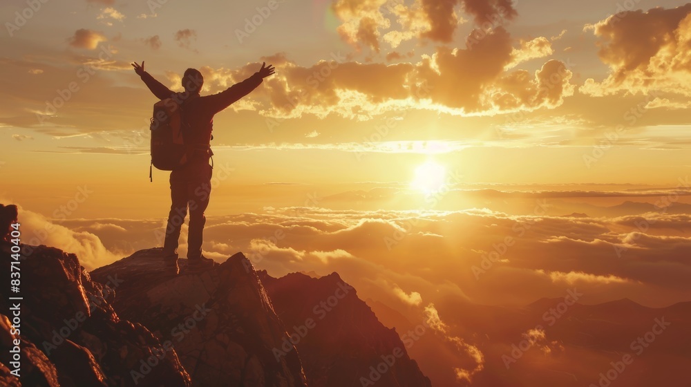 Fototapeta premium Successful man celebrating on rooftop with sunset skyline view.