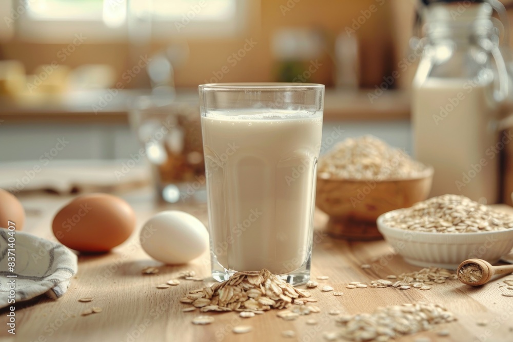 A glass of milk is on a table with a bowl of oatmeal and a bowl of eggs A glass of milk is on a table with a bowl of oatmeal and a bowl of eggs