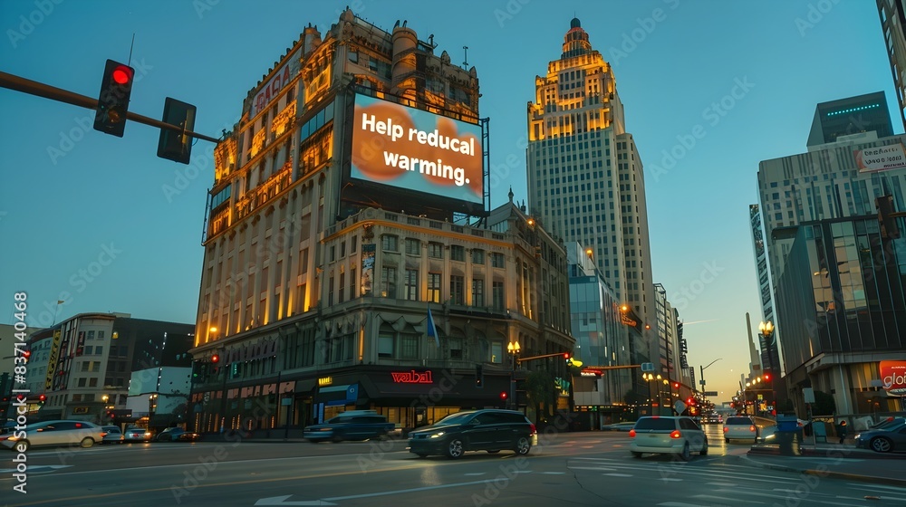 Fototapeta premium Illuminated Skyscraper with Climate Change Message in Bustling City Intersection