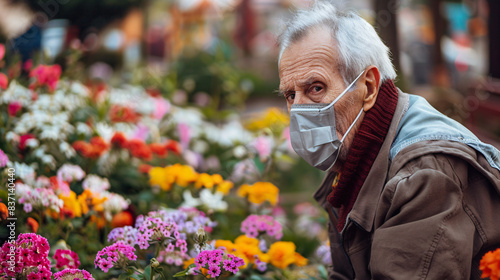 Elderly man with allergy mask visiting flower garden, squinting and sniffling among vibrant blooms in the springtime photo