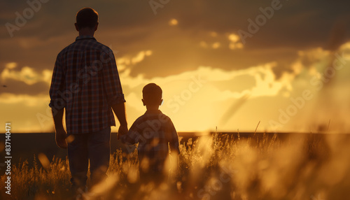 Father and Son Enjoying a Serene Sunset Together in the Field