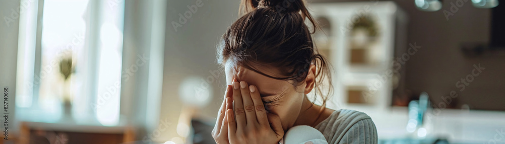 Obraz premium New mom constantly sneezing and wiping her eyes while holding baby, struggling with pet dander sensitivity at home