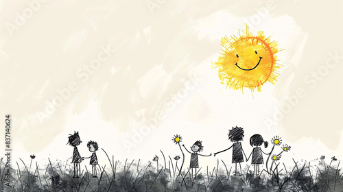 Simple doodle of kids playing in a meadow with a smiling sun