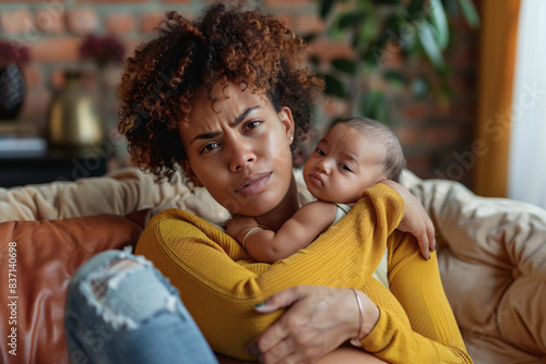 New mother supporting inflamed back muscles from pregnancy strain, wearied expression while holding newborn on couch