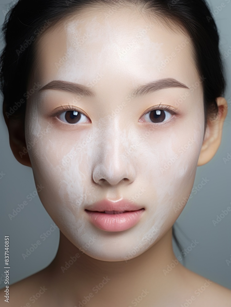 A woman with a white face mask on her face. She has a very clean and fresh look A woman with a white face mask on her face. She has a very clean and fresh look
