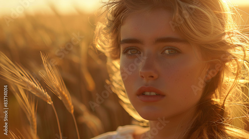  A young girl in a wheat field at sunset, a close-up of her face reflects happiness and peace.