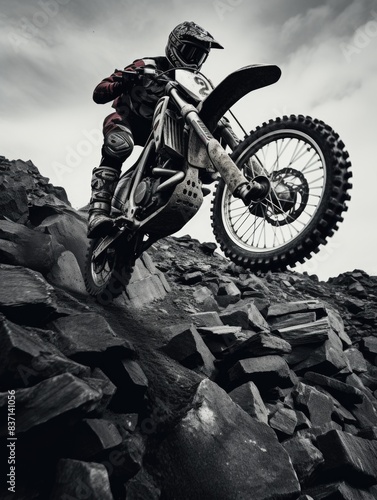 A man is riding a dirt bike on a rocky hill. The image has a mood of excitement and adventure photo