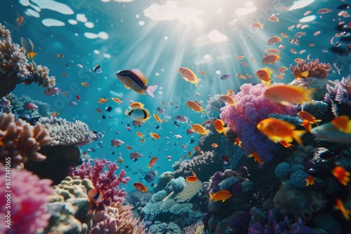 A colorful underwater scene with many fish and coral. Scene is lively and vibrant, with the bright colors of the fish and coral creating a sense of energy and movement © vefimov