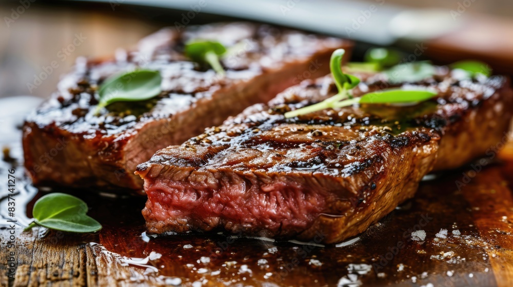 A piece of steak with a slice missing and a few leaves on top. The steak is cooked and has a nice sear A piece of steak with a slice missing and a few leaves on top. The steak is cooked and has a nice sear