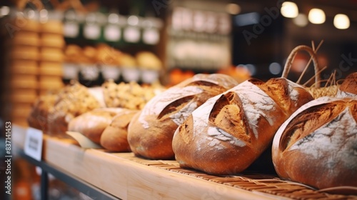 A bakery display with a variety of breads, including some with white flour. The breads are arranged on a wooden counter, and there are several different types of bread visible