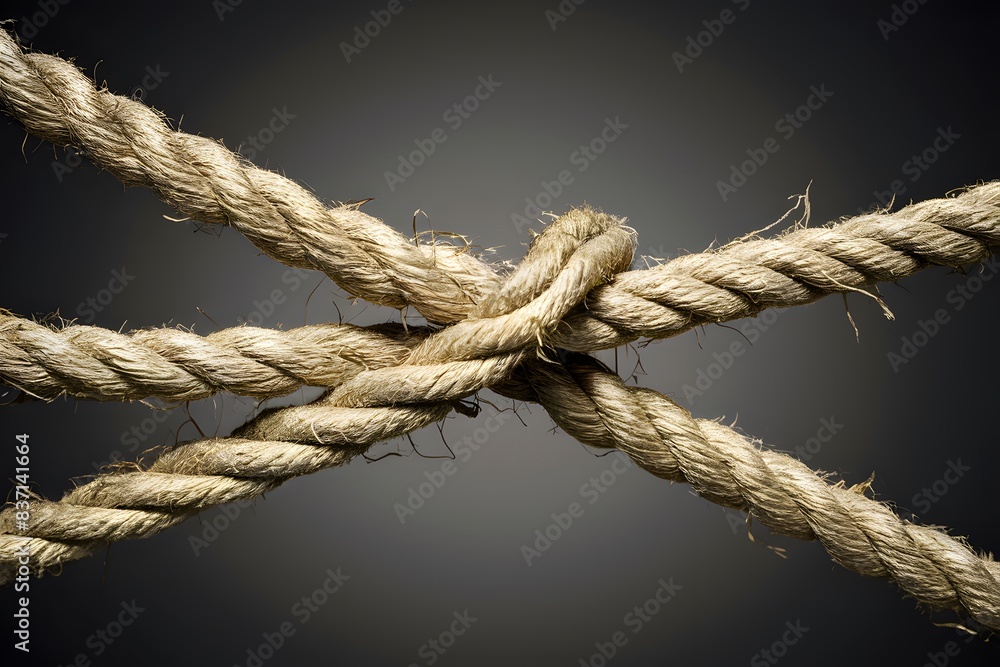 Frayed rope symbolizes resilience, worn yet strong, beige fibers against dark background Frayed rope symbolizes resilience, worn yet strong, beige fibers against dark background