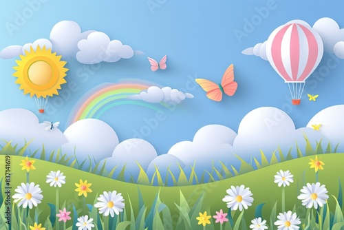 A colorful scene of a rainbow, butterflies, and a hot air balloon flying in the sky. Scene is cheerful and playful, with the bright colors and whimsical elements creating a sense of joy and wonder