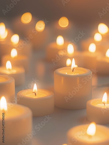 Serene white candles with decorative holders and gentle glow.