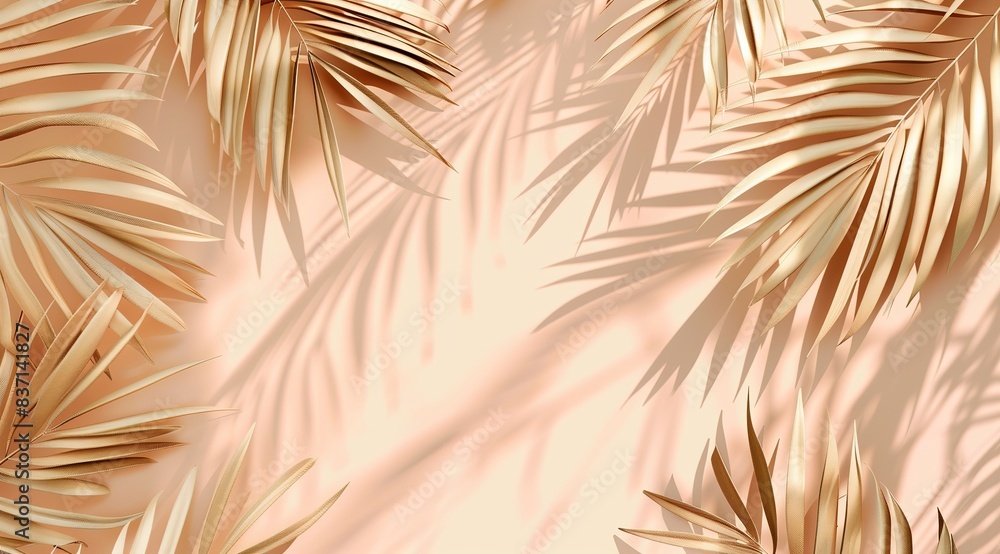 Fototapeta premium An Abstract Background with Palm Shadows on a Light Peach Colored Wall, Featuring a Summer Beach Scene and Empty Space for Product Presentation, with a Mockup Design Template in the Style of Summer Be