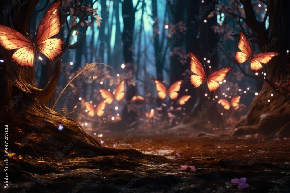 A forest scene with a group of butterflies flying around a tree. Scene is peaceful and serene, as the butterflies flutter around the tree in the woods