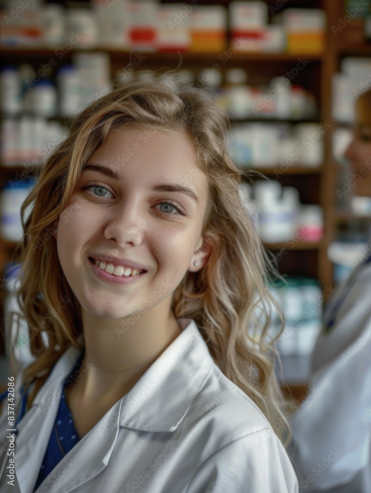 A woman in a white lab coat is smiling and posing for a picture. She is surrounded by various bottles and vials, which suggests that she works in a lab or a pharmacy A woman in a white lab coat is smiling and posing for a picture. She is surrounded by various bottles and vials, which suggests that she works in a lab or a pharmacy