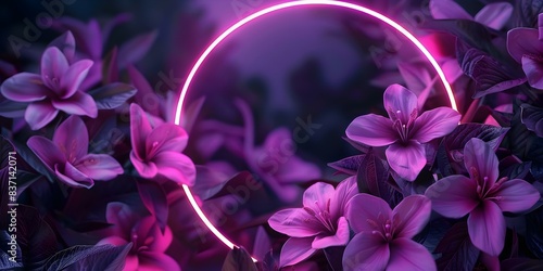 abstract flowers illuminated with neon magenta light ring on dark. Concept Dark Photography  Neon Light Effects  Abstract Flowers  Creative Lighting
