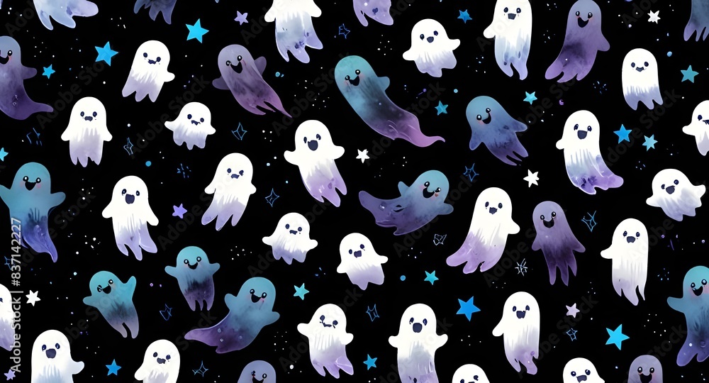 Watercolor seamless pattern with dark ghosts on black background. Generative AI Watercolor seamless pattern with dark ghosts on black background. Generative AI