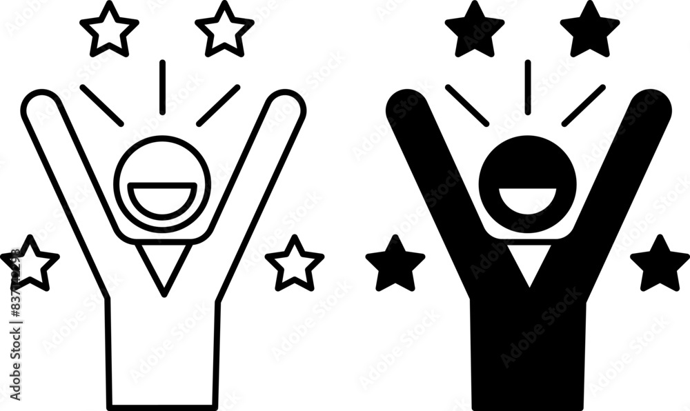 Emotional Happiness Icons. Black and White Vector Icons. Smiling Man with Raised Hands. Emotions, Joy. Lifestyle Concept Emotional Happiness Icons. Black and White Vector Icons. Smiling Man with Raised Hands. Emotions, Joy. Lifestyle Concept