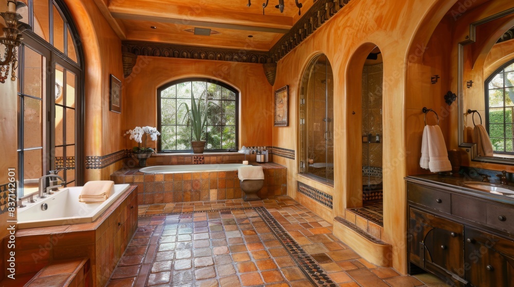 A Mediterranean-style bathroom with mosaic tiles, warm earth tones, and arched doorways. The design is vibrant and inviting. --ar 16:9 --style raw Job ID: a9eaf487-1119-4a41-981c-0721a9177899 A Mediterranean-style bathroom with mosaic tiles, warm earth tones, and arched doorways. The design is vibrant and inviting. --ar 16:9 --style raw Job ID: a9eaf487-1119-4a41-981c-0721a9177899