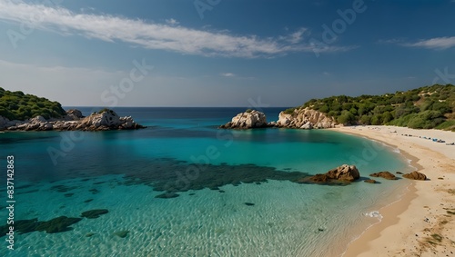  The peaceful charm of a secluded cove, where emerald waters meet golden sands under a clear azure sky ai_generated