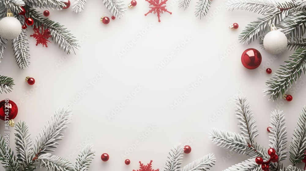 Seasonal frame with pine branches and holiday decor on a white background. Seasonal frame with pine branches and holiday decor on a white background.