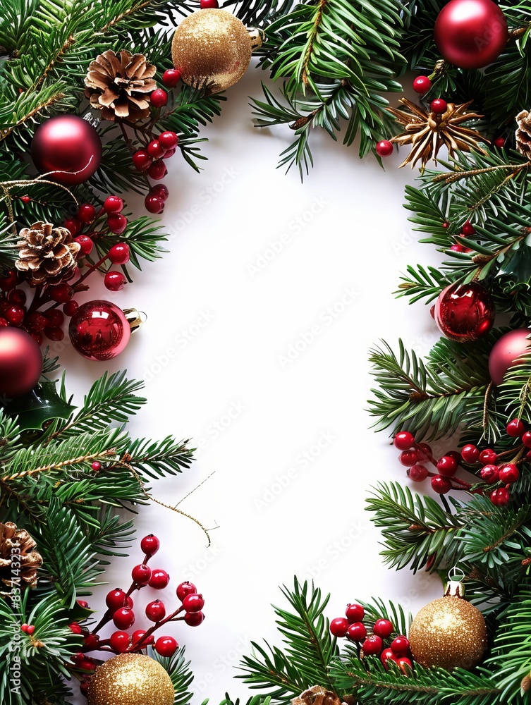 Red and gold Christmas decorations in a frame with a white background. Red and gold Christmas decorations in a frame with a white background.