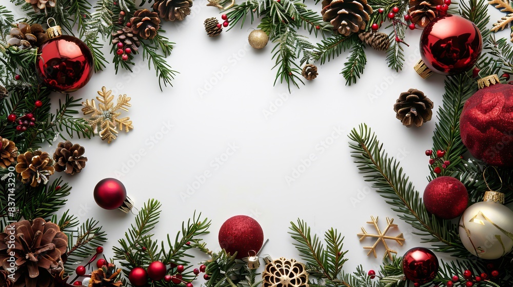 Holiday border with red ornaments and glittery stars on white. Holiday border with red ornaments and glittery stars on white.