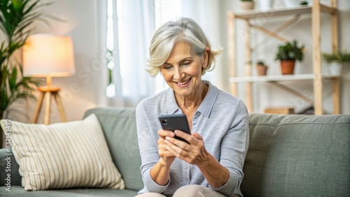 Middle-aged woman using smartphone at home, middle-aged, woman, smartphone, home, technology, communication, internet, browsing, social media, texting, messaging, relaxation, leisure, indoors
