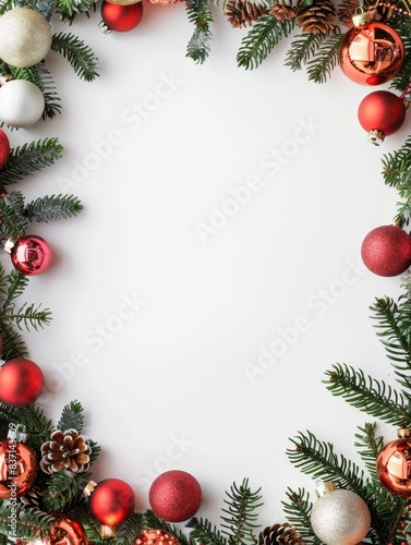 Festive decorations with shiny holiday ornaments on white background.