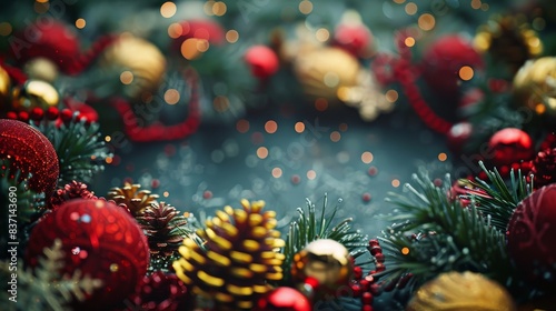 Christmas wreath with pinecones and ornaments  featuring red berries and gold baubles.