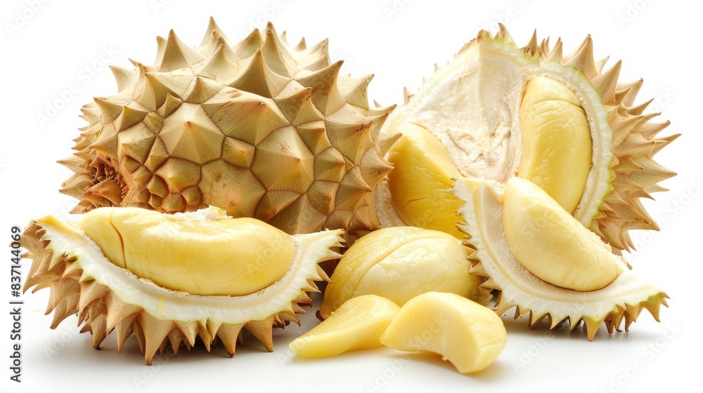 Detailed view of durian segments and flesh, isolated on a white background Detailed view of durian segments and flesh, isolated on a white background