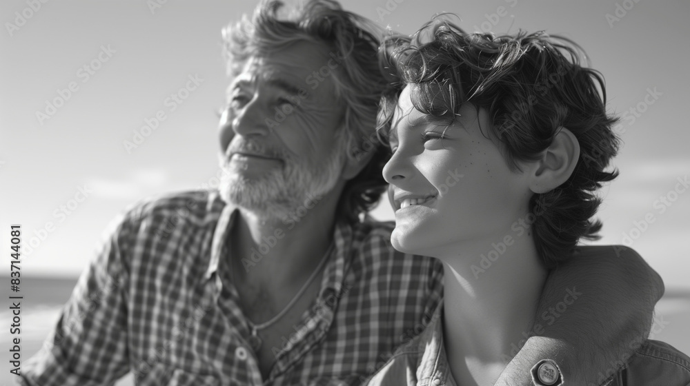 A black and white portrait of a father and a son, the father has his hand wrapped around his son, enjoying a moment together. Happy Fathers Day A black and white portrait of a father and a son, the father has his hand wrapped around his son, enjoying a moment together. Happy Fathers Day